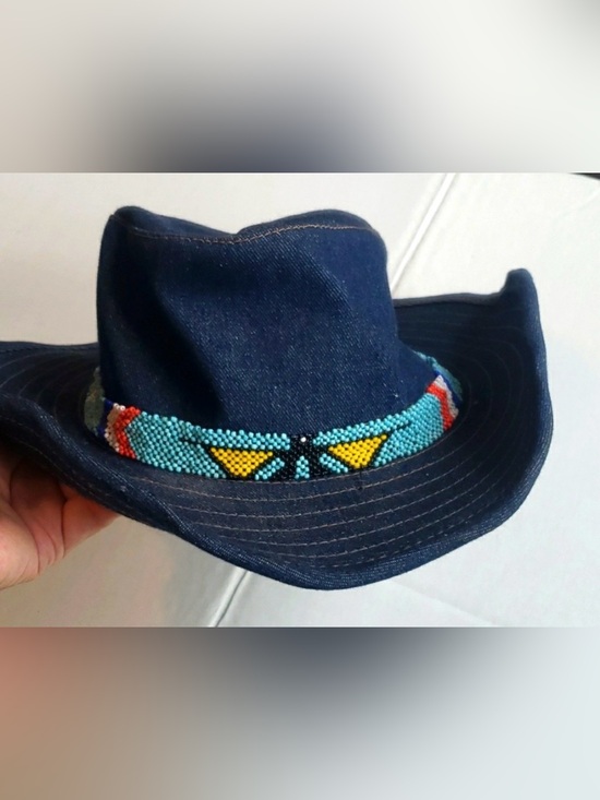 Liz Claiborne Accessories - 80’s boho hippie denim beaded shapable cowboy hat deadstock festival NEW